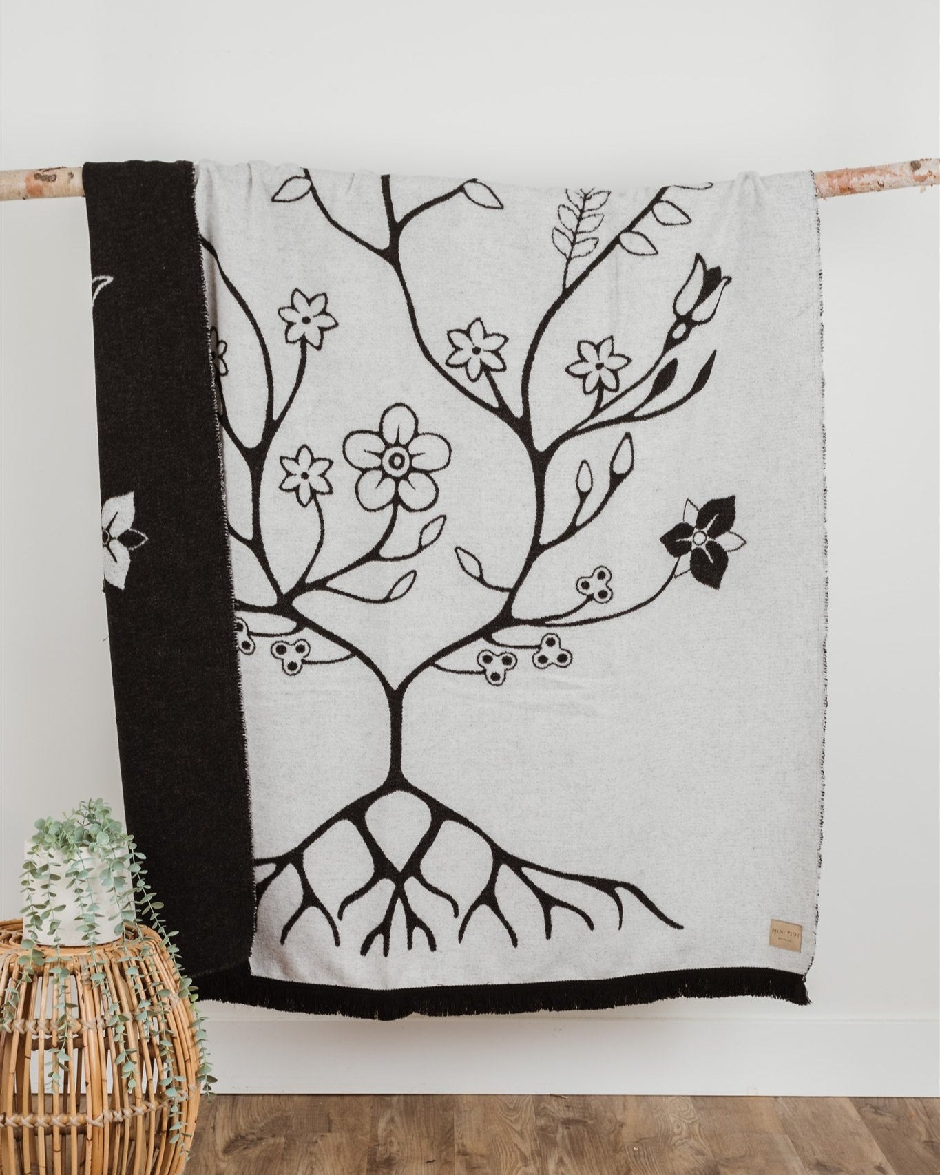 Black and White Woodland Floral Panel Blanket